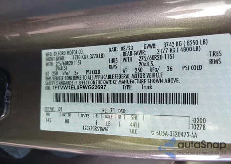 2023 Ford F-150 Lightning Lariat z USA, uszkodzony, nr VIN 1FTVW1EL0PWG22697